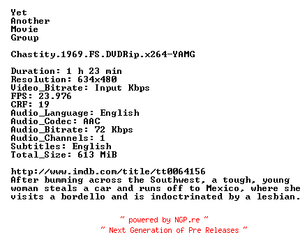 NFO for the release Chastity.1969.FS.DVDRip.x264-YAMG by YAMG