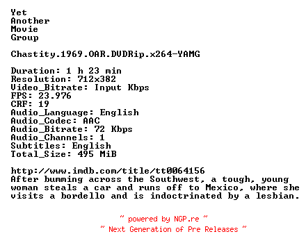 NFO for the release Chastity.1969.OAR.DVDRip.x264-YAMG by YAMG
