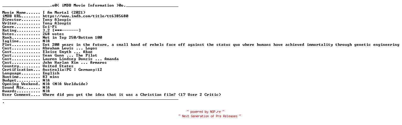 NFO for the release 2235.I.Am.Mortal.GERMAN.2021.AC3.BDRip.x264-UNiVERSUM by UNiVERSUM