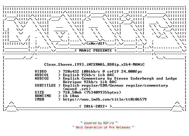 NFO for the release Clean.Shaven.1993.iNTERNAL.BDRip.x264-MANiC by MANiC