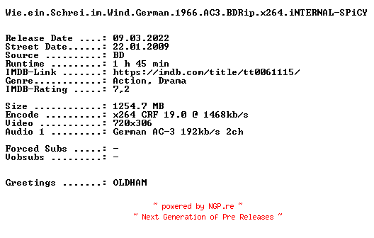 NFO for the release Wie.ein.Schrei.im.Wind.German.1966.AC3.BDRip.x264.iNTERNAL-SPiCY by SPiCY
