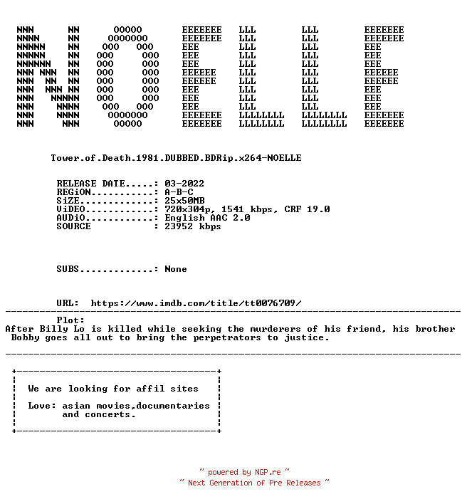 NFO for the release Tower.of.Death.1981.DUBBED.BDRip.x264-NOELLE by NOELLE