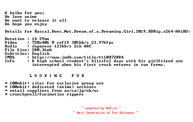 NFO for the release Rascal.Does.Not.Dream.of.a.Dreaming.Girl.2019.BDRip.x264-HAiKU by HAiKU