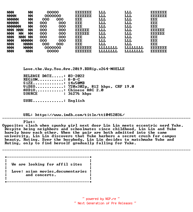 NFO for the release Love.the.Way.You.Are.2019.BDRip.x264-NOELLE by NOELLE