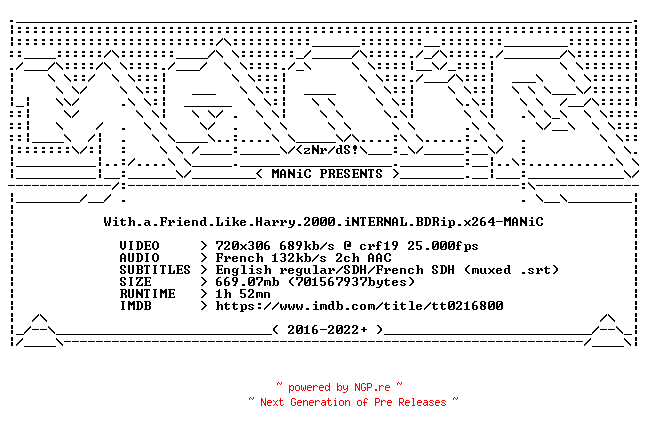 NFO for the release With.a.Friend.Like.Harry.2000.iNTERNAL.BDRip.x264-MANiC by MANiC