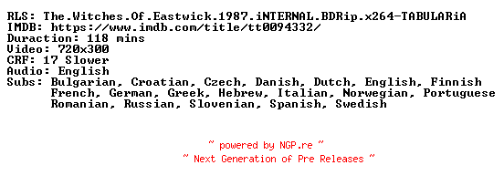 NFO for the release The.Witches.Of.Eastwick.1987.iNTERNAL.BDRip.x264-TABULARiA by TABULARiA