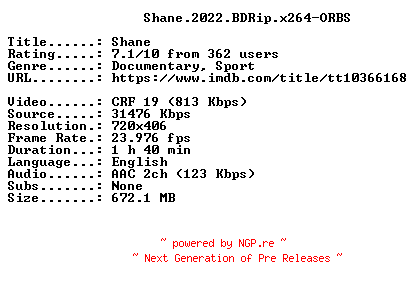NFO for the release Shane.2022.BDRip.x264-ORBS by ORBS