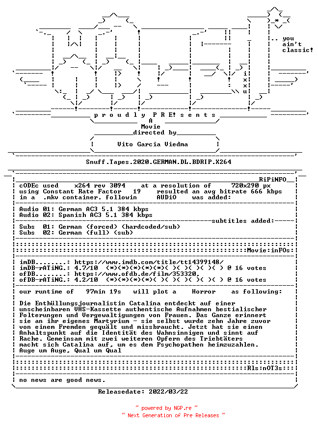 NFO for the release Snuff.Tapes.2020.GERMAN.DL.BDRIP.X264-WATCHABLE by WATCHABLE