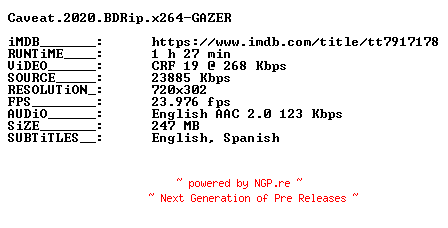 NFO for the release Caveat.2020.BDRip.x264-GAZER by GAZER
