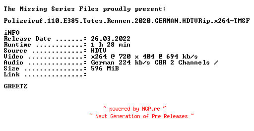 NFO for the release Polizeiruf.110.E385.Totes.Rennen.2020.GERMAN.HDTVRip.x264-TMSF by TMSF