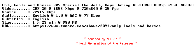 NFO for the release Only.Fools.and.Horses.S05.Special.The.Jolly.Boys.Outing.RESTORED.BDRip.x264-CARVED by CARVED