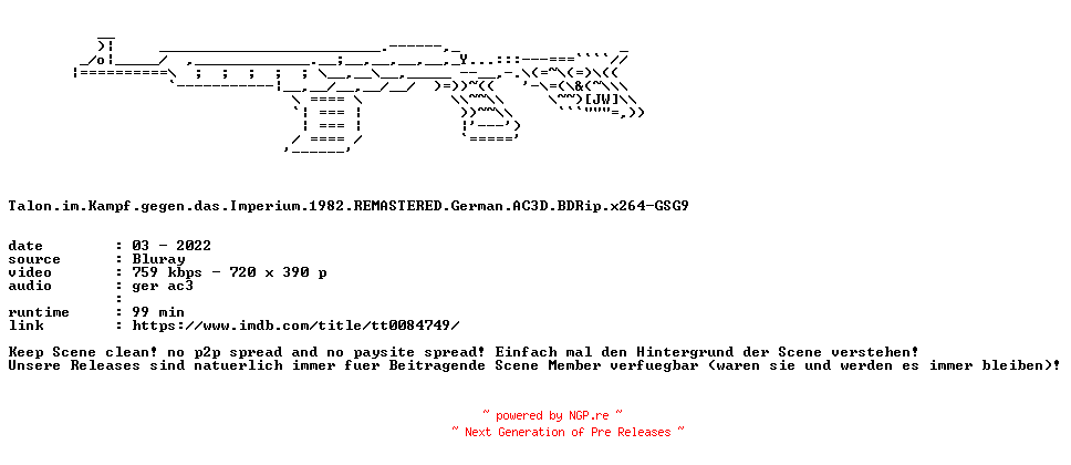 NFO for the release Talon.im.Kampf.gegen.das.Imperium.1982.REMASTERED.German.AC3D.BDRip.x264-GSG9 by GSG9