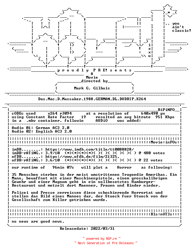 NFO for the release Das.Mac.D.Massaker.1988.GERMAN.DL.DVDRIP.X264-WATCHABLE by WATCHABLE