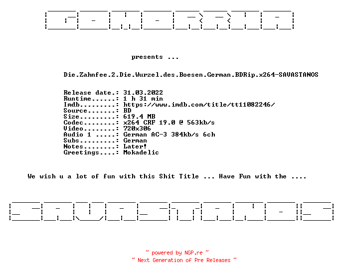 NFO for the release Die.Zahnfee.2.Die.Wurzel.des.Boesen.German.BDRip.x264-SAVASTANOS by SAVASTANOS