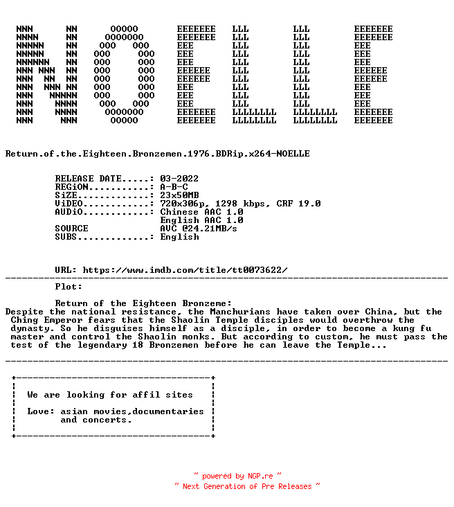 NFO for the release Return.of.the.Eighteen.Bronzemen.1976.iNTERNAL.BDRip.x264-NOELLE by NOELLE