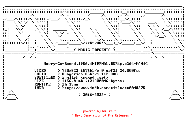 NFO for the release Merry-Go-Round.1956.iNTERNAL.BDRip.x264-MANiC by MANiC