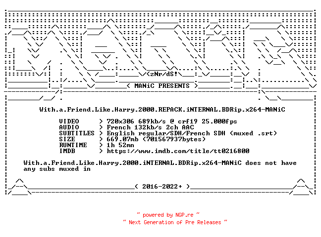 NFO for the release With.a.Friend.Like.Harry.2000.REPACK.iNTERNAL.BDRip.x264-MANiC by MANiC