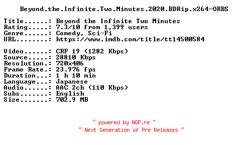 NFO for the release Beyond.the.Infinite.Two.Minutes.2020.BDRip.x264-ORBS by ORBS
