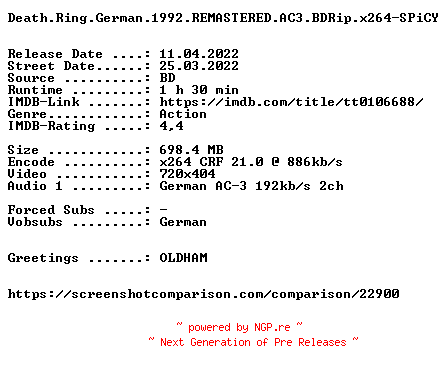 NFO for the release Death.Ring.German.1992.REMASTERED.AC3.BDRip.x264-SPiCY by SPiCY
