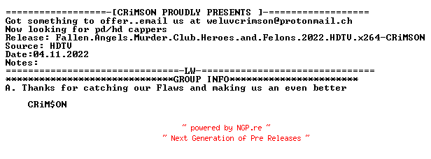 NFO for the release Fallen.Angels.Murder.Club.Heroes.and.Felons.2022.HDTV.x264-CRiMSON by CRiMSON