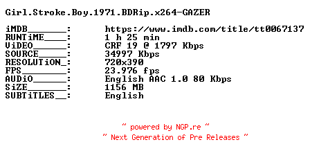 NFO for the release Girl.Stroke.Boy.1971.BDRip.x264-GAZER by GAZER