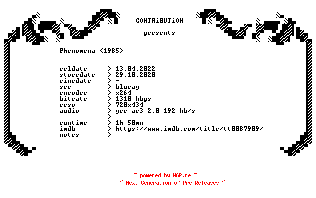 NFO for the release Phenomena.1985.INTERNATIONAL.CUT.German.BDRip.x264-CONTRiBUTiON by CONTRiBUTiON