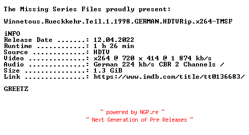 NFO for the release Winnetous.Rueckkehr.Teil.1.1998.GERMAN.HDTVRip.x264-TMSF by TMSF