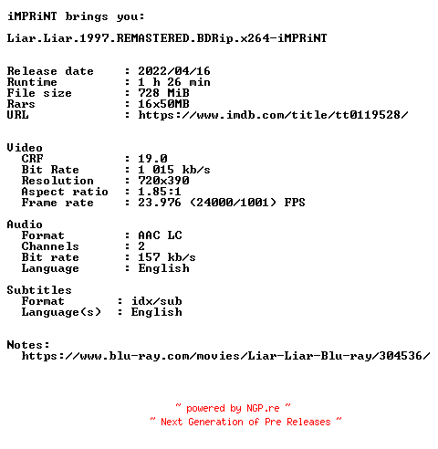 NFO for the release Liar.Liar.1997.REMASTERED.BDRip.x264-iMPRiNT by iMPRiNT