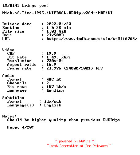 NFO for the release Nick.of.Time.1995.iNTERNAL.BDRip.x264-iMRPiNT by iMRPiNT