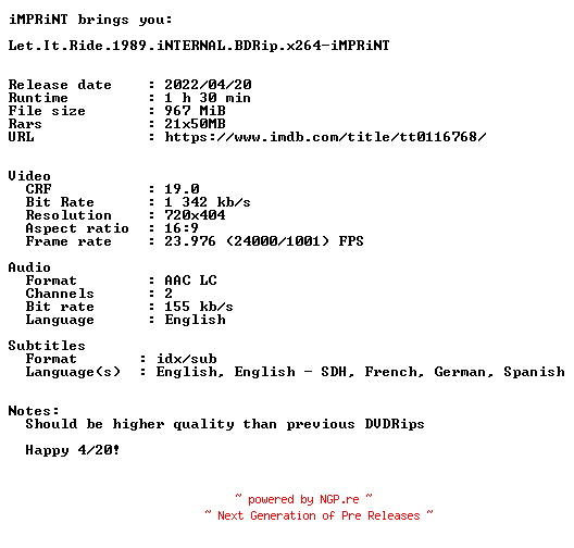NFO for the release Let.It.Ride.1989.iNTERNAL.BDRip.x264-iMPRiNT by iMPRiNT