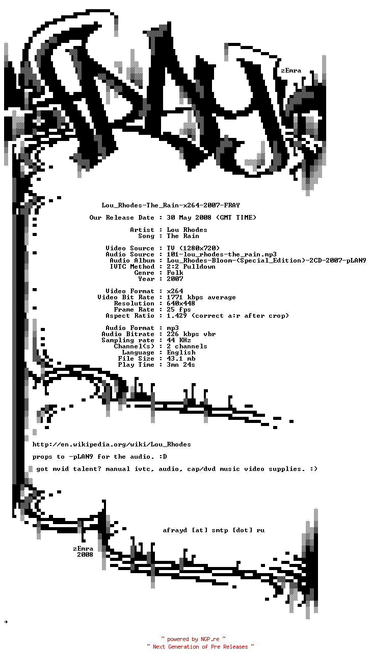 NFO for the release Lou_Rhodes-The_Rain-x264-2007-FRAY by FRAY