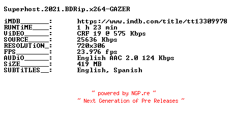 NFO for the release Superhost.2021.BDRip.x264-GAZER by GAZER