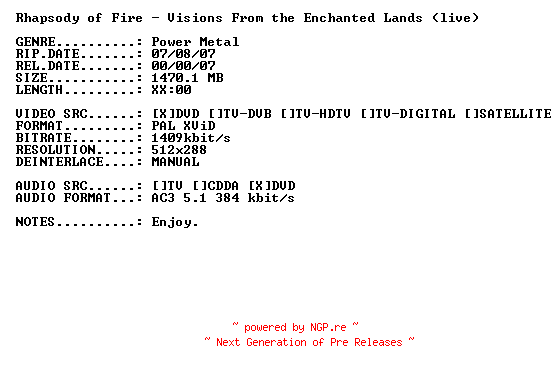 NFO for the release Rhapsody_of_Fire-Visions_From_the_Enchanted_Lands-(live)-DVDRiP-XViD-2007-PMSVCD by PMSVCD