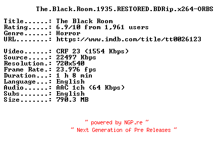 NFO for the release The.Black.Room.1935.RESTORED.BDRip.x264-ORBS by ORBS