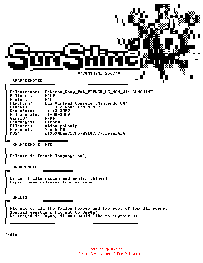 NFO for the release Pokemon_Snap_PAL_FRENCH_VC_N64_Wii-SUNSHiNE by SUNSHiNE
