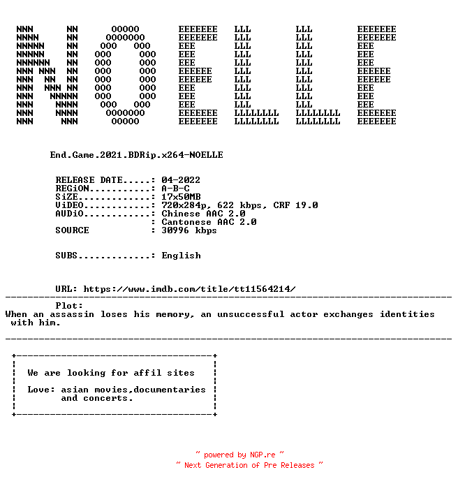 NFO for the release End.Game.2021.iNTERNAL.BDRip.x264-NOELLE by NOELLE
