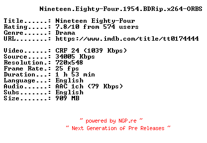 NFO for the release Nineteen.Eighty-Four.1954.BDRip.x264-ORBS by ORBS