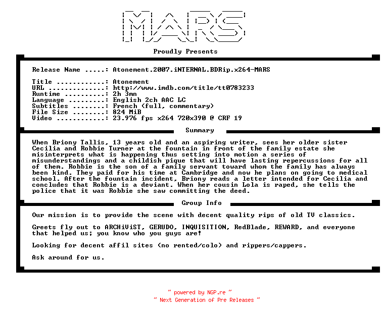 NFO for the release Atonement.2007.iNTERNAL.BDRip.x264-MARS by MARS