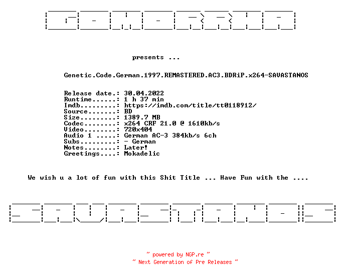 NFO for the release Genetic.Code.German.1997.REMASTERED.AC3.BDRiP.x264-SAVASTANOS by SAVASTANOS