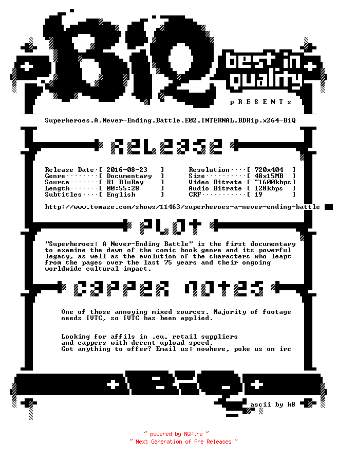 NFO for the release Superheroes.A.Never-Ending.Battle.E02.INTERNAL.BDRip.x264-BiQ by BiQ
