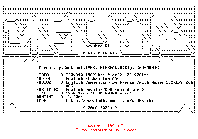 NFO for the release Murder.by.Contract.1958.iNTERNAL.BDRip.x264-MANiC by MANiC