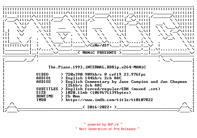 NFO for the release The.Piano.1993.iNTERNAL.BDRip.x264-MANiC by MANiC