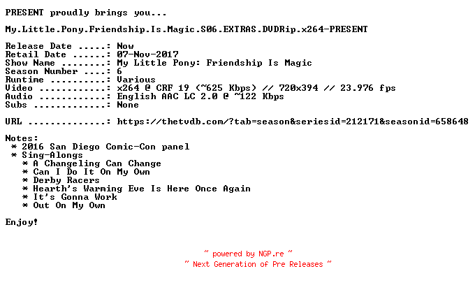 NFO for the release My.Little.Pony.Friendship.Is.Magic.S06.EXTRAS.DVDRip.x264-PRESENT by PRESENT