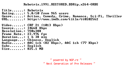 NFO for the release Robotrix.1991.RESTORED.BDRip.x264-ORBS by ORBS