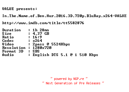 NFO for the release In.The.Name.of.Ben.Hur.2016.3D.720p.BluRay.x264-VALUE by VALUE