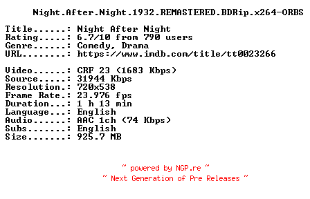 NFO for the release Night.After.Night.1932.REMASTERED.BDRip.x264-ORBS by ORBS