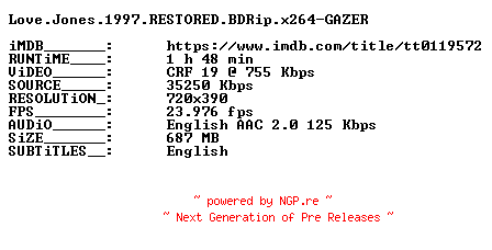NFO for the release Love.Jones.1997.RESTORED.BDRip.x264-GAZER by GAZER