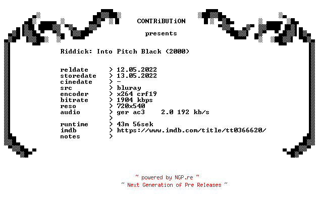 NFO for the release Riddick.Into.Pitch.Black.2000.German.FS.BDRip.x264-CONTRiBUTiON by CONTRiBUTiON
