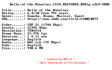 NFO for the release Belle.of.the.Nineties.1934.RESTORED.BDRip.x264-ORBS by ORBS