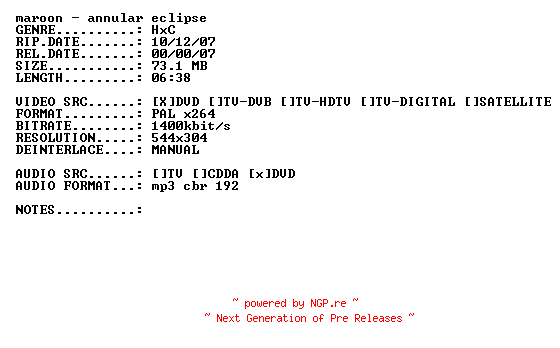 NFO for the release Maroon-Annular_Eclipse-(Live)-DVDRiP-x264-2007-PMSVCD by PMSVCD
